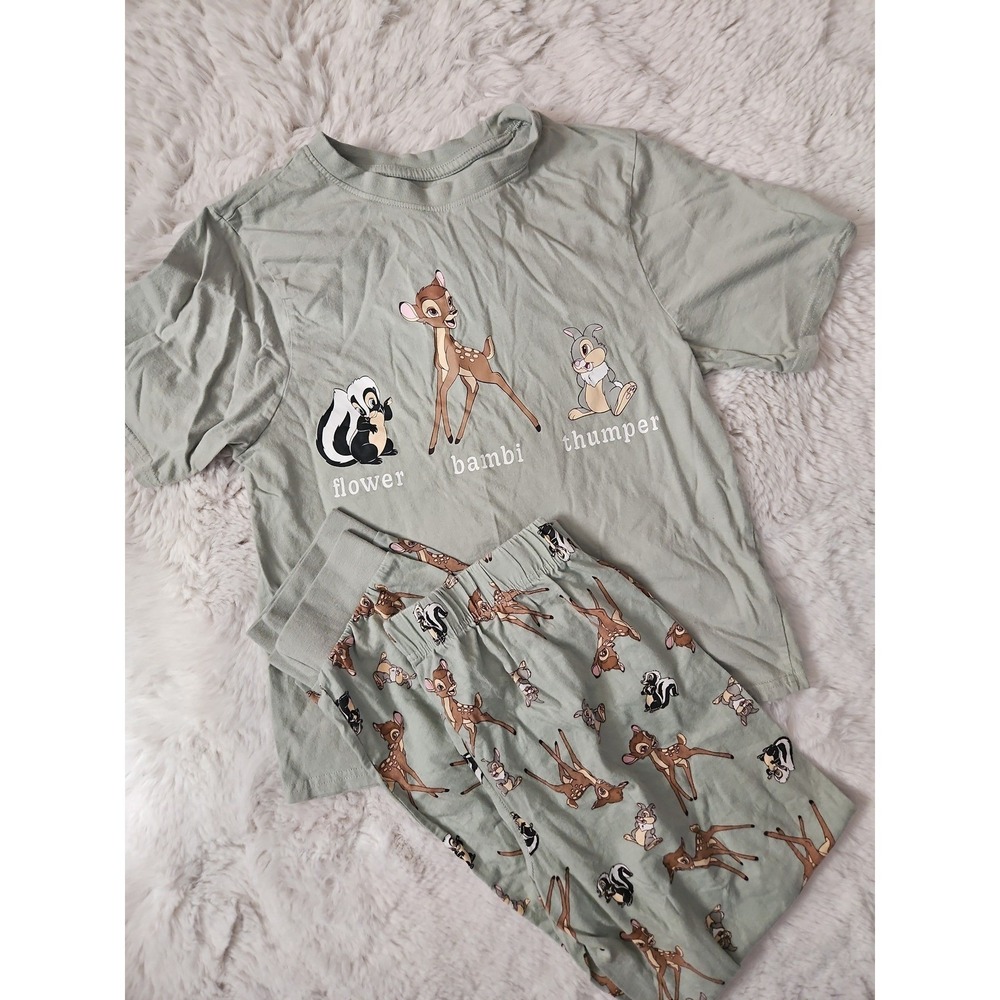 Disney Primark Bambi Pajama Set Womens XS Green Sage Joggers Tee Flower Thumper - Picture 1 of 12